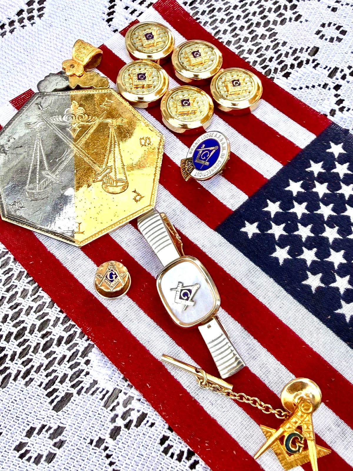 Vtg Masonic Regalia Collection • Signed Anson MOP Tie Clip • Decipher Pendant Vtg Masonic Regalia Collection • Signed Anson MOP Tie Clip • Decipher Pendant