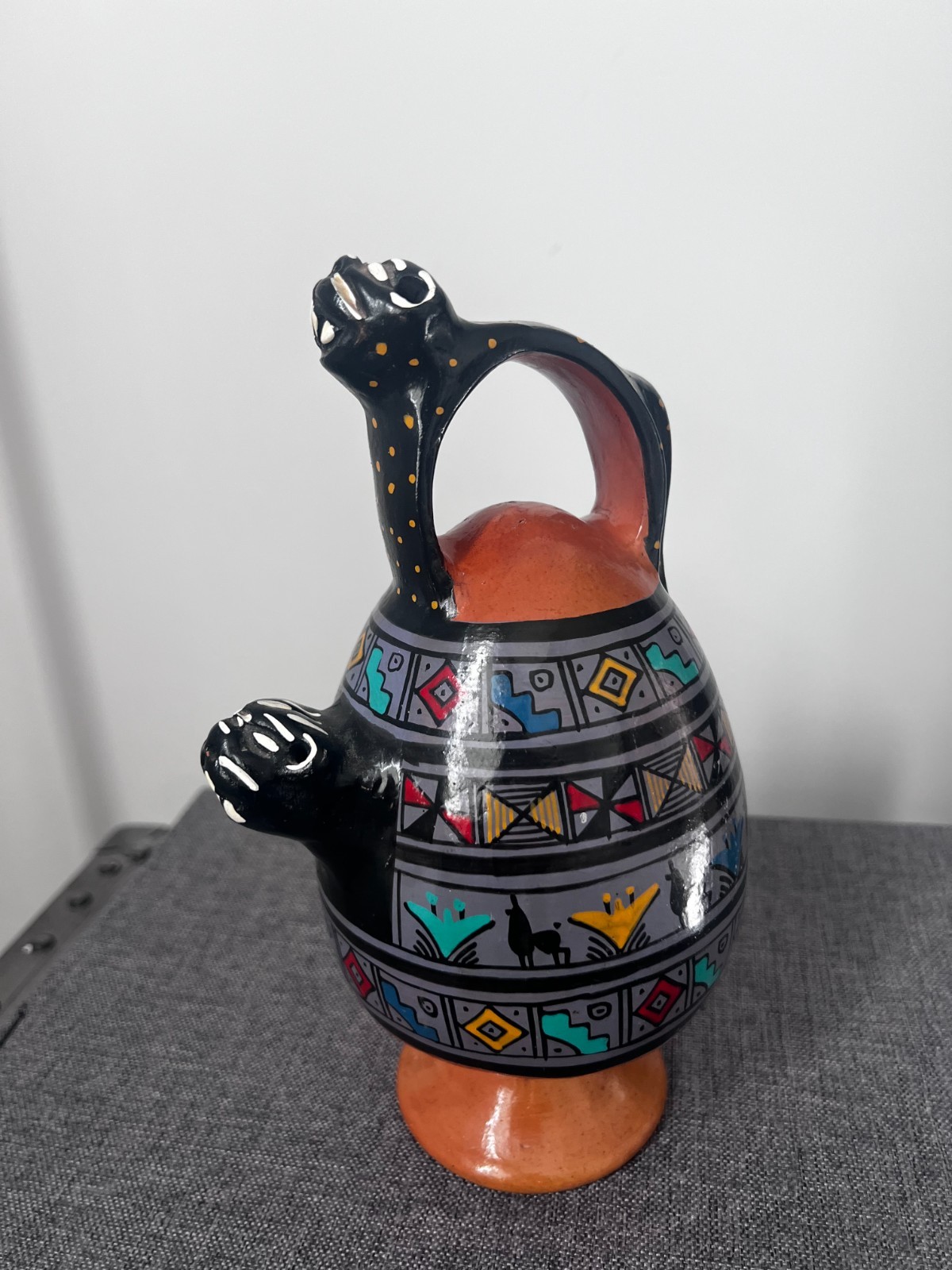 Vintage Cusco Peru Art Pottery Chicha Jaguar Salamanca Pitcher HandPainted 8.5 Vintage Cusco Peru Art Pottery Chicha Jaguar Salamanca Pitcher HandPainted 8.5