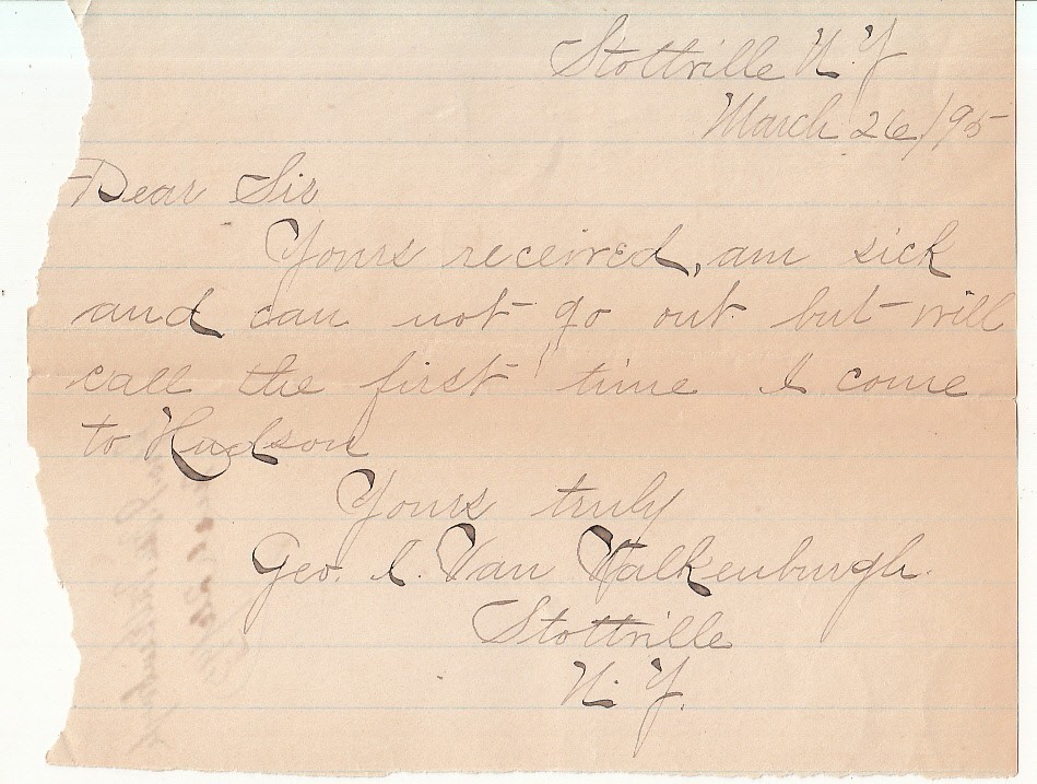 1895 Stottville NY Handwritten Signed Letter Note 1895 Stottville NY Handwritten Signed Letter Note