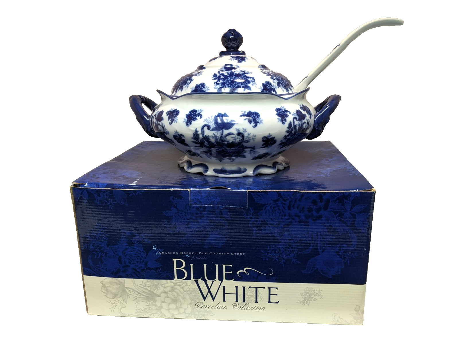 Vintage Cracker Barrel Blue & White Porcelain Soup Tureen Floral w/ Handles NIB Vintage Cracker Barrel Blue & White Porcelain Soup Tureen Floral w/ Handles NIB