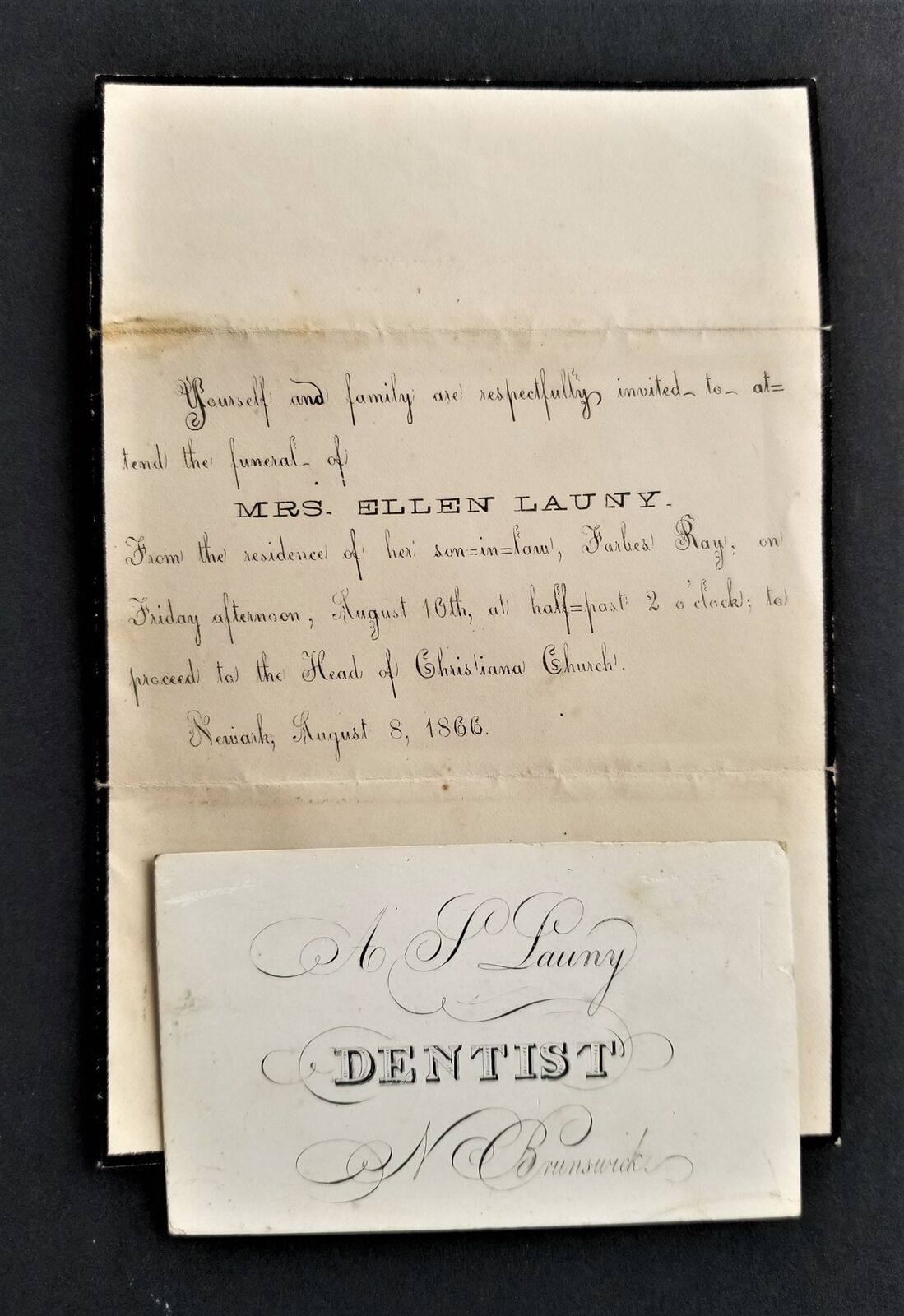 LOT 1866 antique new brunswick LAUNY dentist BUSINESS CARD & FUNERAL newark de