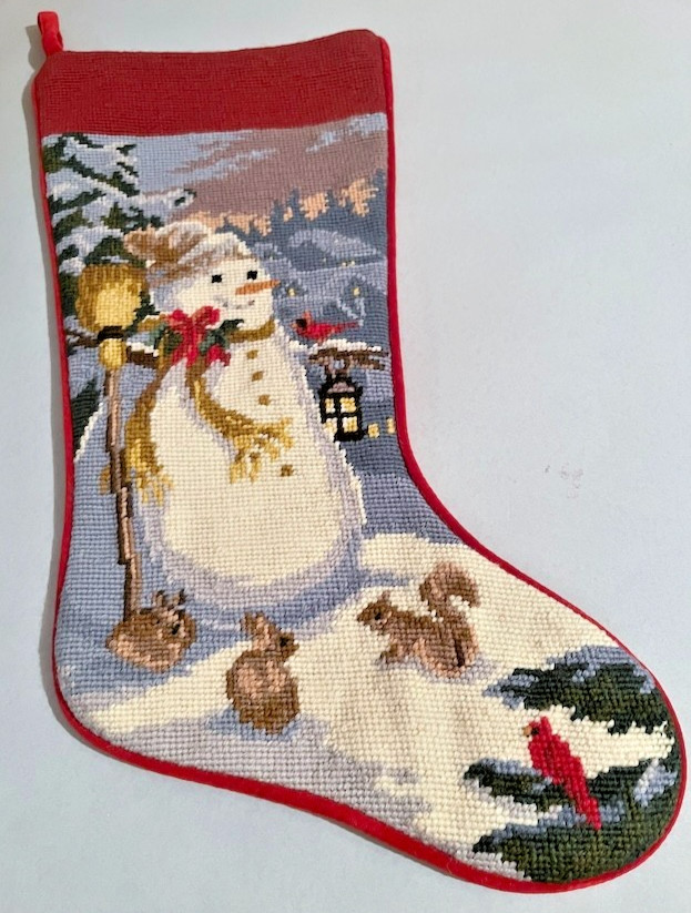Sferra Needlepoint Christmas Stocking Snowman Winter Scene HandStitched Wool New Sferra Needlepoint Christmas Stocking Snowman Winter Scene HandStitched Wool New