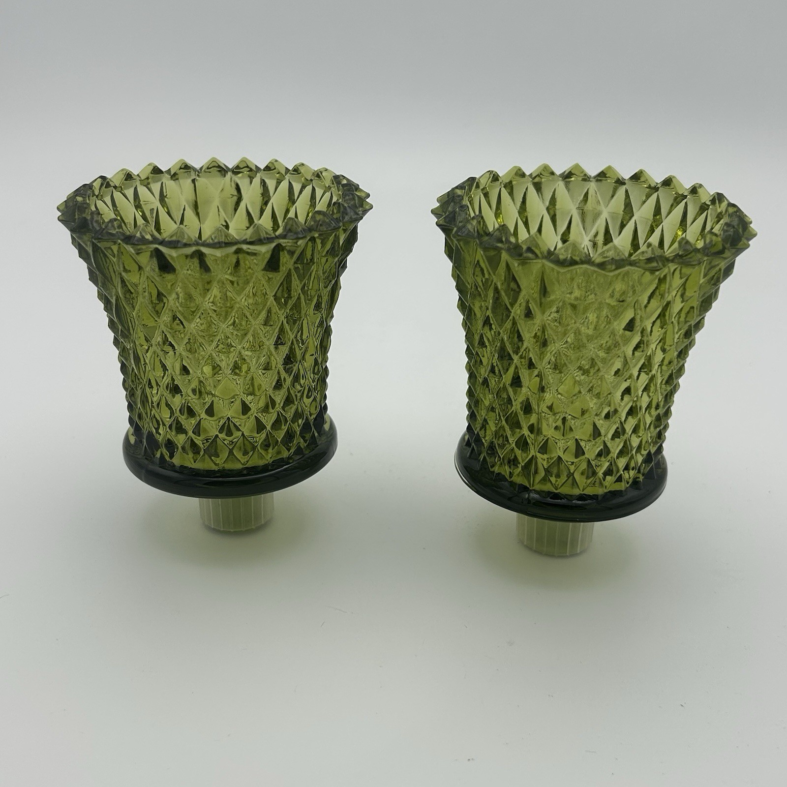 2 Vtg Green Diamond Point Glass Peg Votive Cup Sconce Candle Holders Avocado 2 Vtg Green Diamond Point Glass Peg Votive Cup Sconce Candle Holders Avocado
