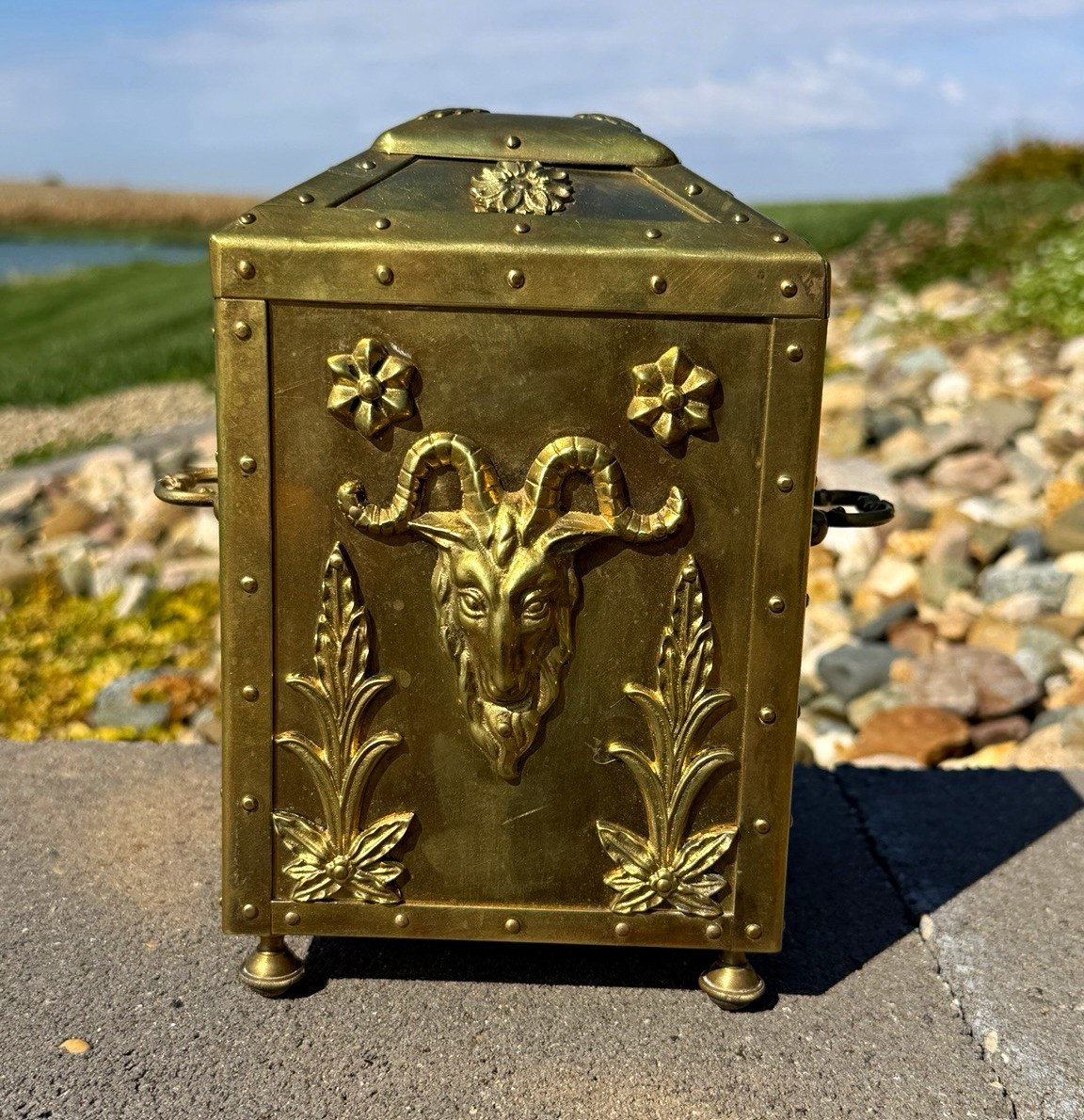 Antique HEAVY Brass Satyr Coin Bank, 3D Ram/Goat Relief Engraved A262 Antique HEAVY Brass Satyr Coin Bank, 3D Ram/Goat Relief Engraved A262