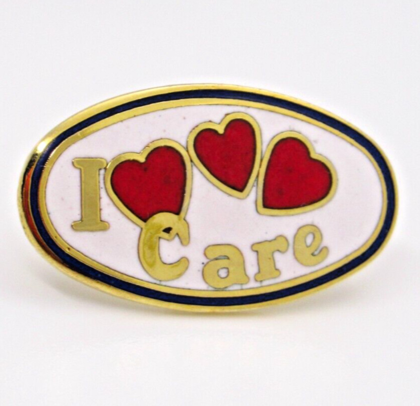 Vintage I Care Lapel Pin Red Hearts Gold Tone Oval Volunteer Recognition