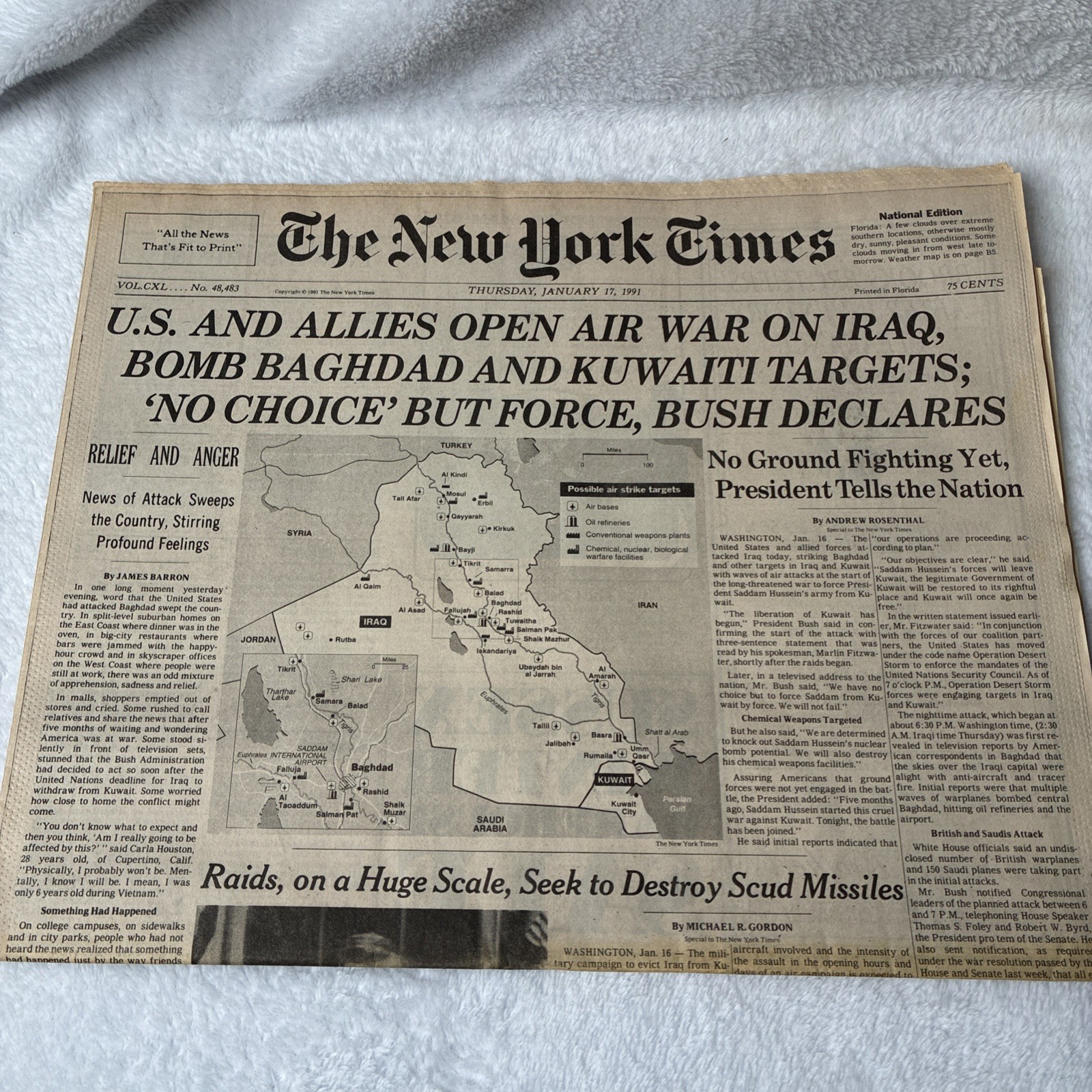1991 New York Times Gulf War Begins US Bombs Iraq Baghdad Desert Storm
