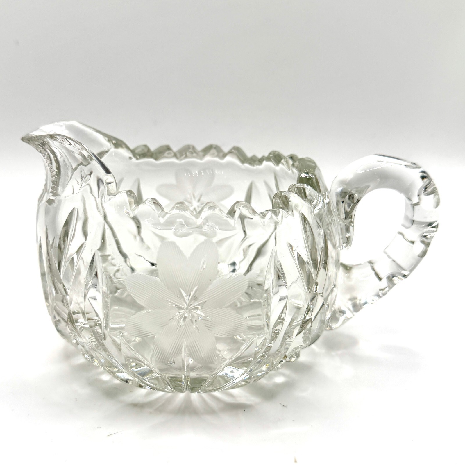 Antique 1910s Clear Cut Glass Floral Creamer Pitcher Antique 1910s Clear Cut Glass Floral Creamer Pitcher