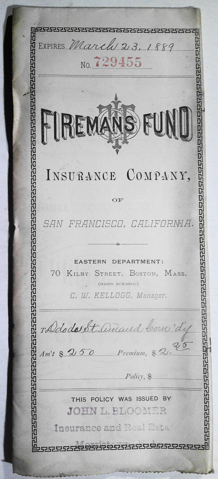 1888 Fireman’s Fund San Francisco Insurance Policy NJ Knights Templar Regalia 1888 Fireman’s Fund San Francisco Insurance Policy NJ Knights Templar Regalia