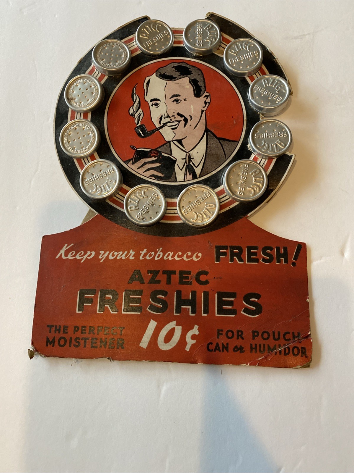 Vintage Aztec Freshies Tobacco Humidor Advertising Counter Display Tin Container Vintage Aztec Freshies Tobacco Humidor Advertising Counter Display Tin Container