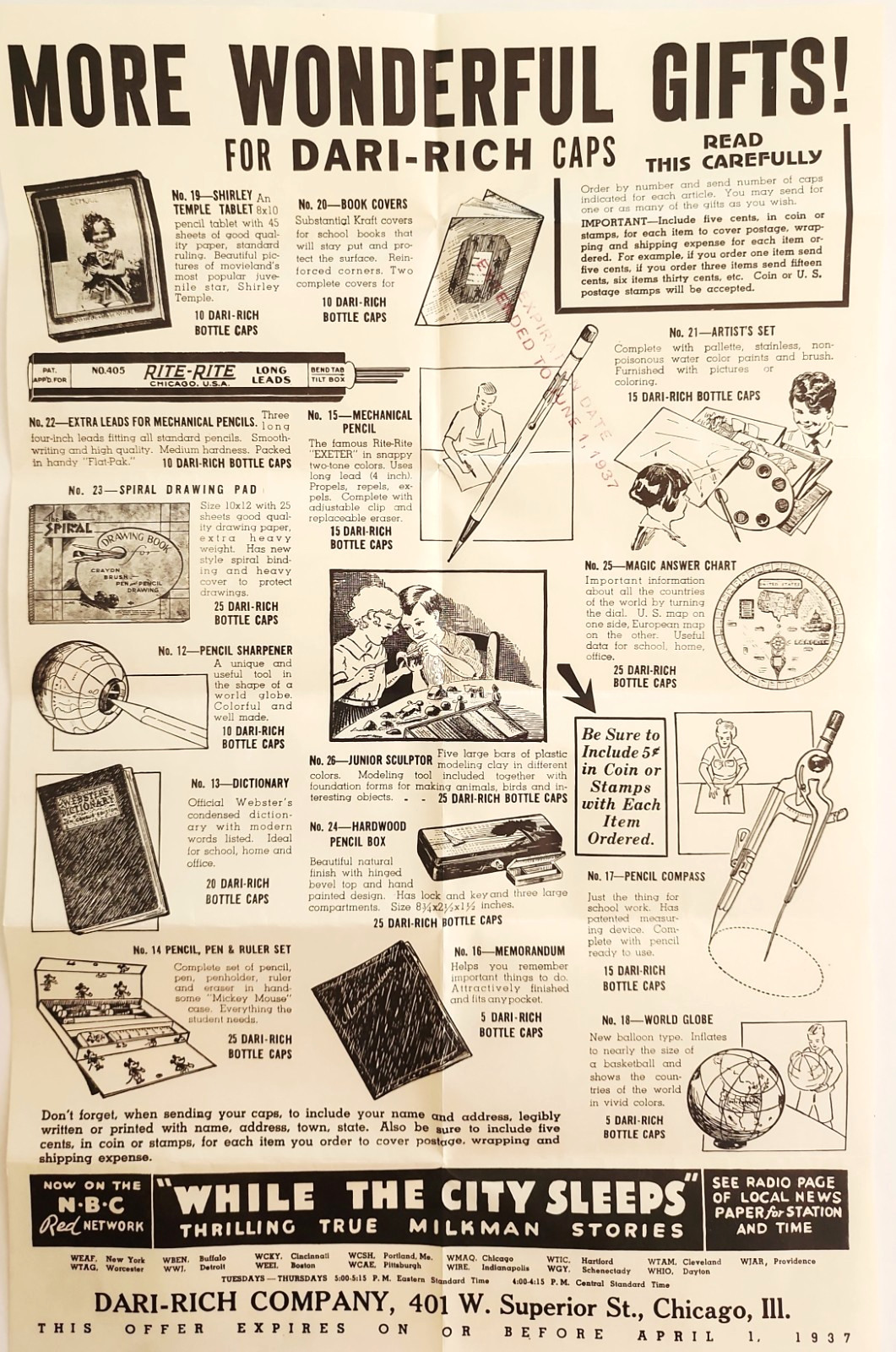 1937 Dari-Rich Bottle Caps Premium Advertising Mailer Sheet Shirley Temple Radio 1937 Dari-Rich Bottle Caps Premium Advertising Mailer Sheet Shirley Temple Radio