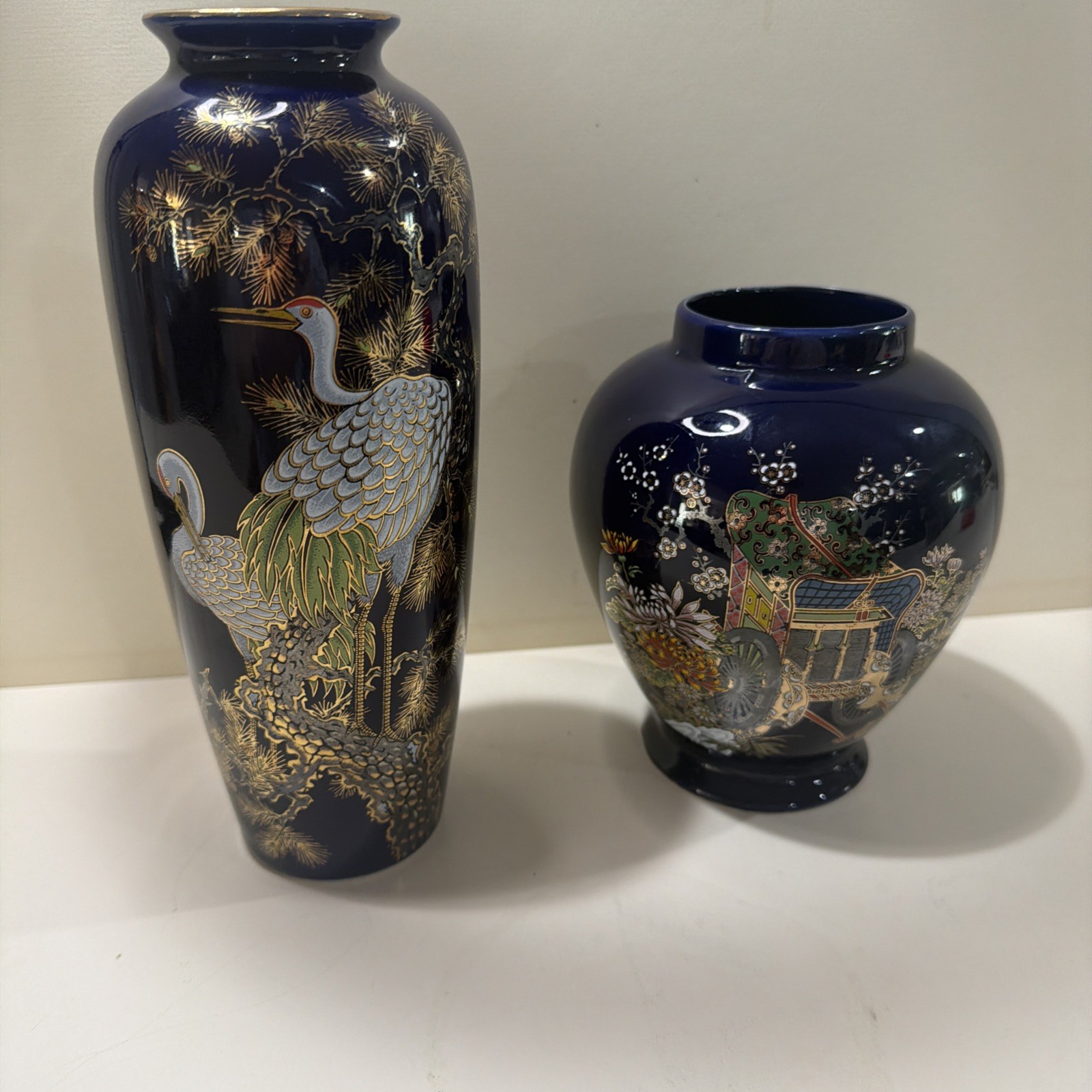 Pair Vintage ARDCO Japan Cobalt Blue Gold Vases White Crane & Imperial Carriage Pair Vintage ARDCO Japan Cobalt Blue Gold Vases White Crane & Imperial Carriage