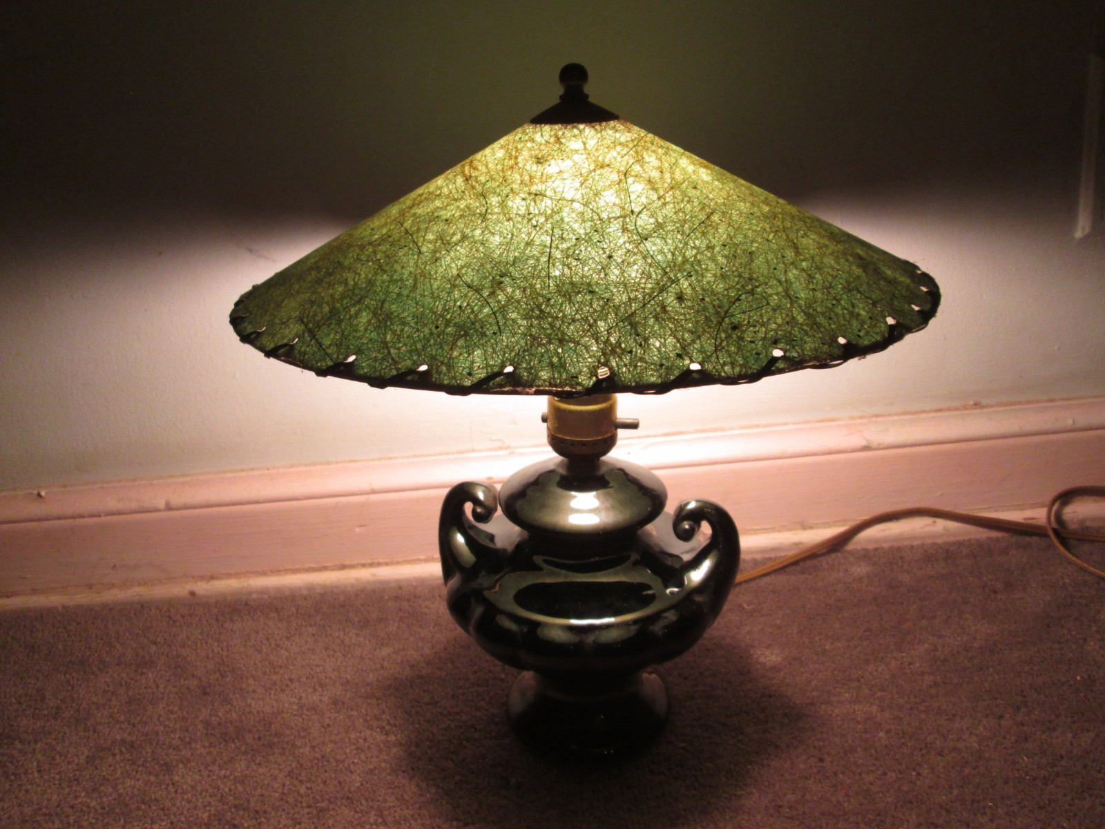 Vtg MCM Black Double Handle Black Ceramic Table Lamp w/ Green Fiberglass Shade Vtg MCM Black Double Handle Black Ceramic Table Lamp w/ Green Fiberglass Shade