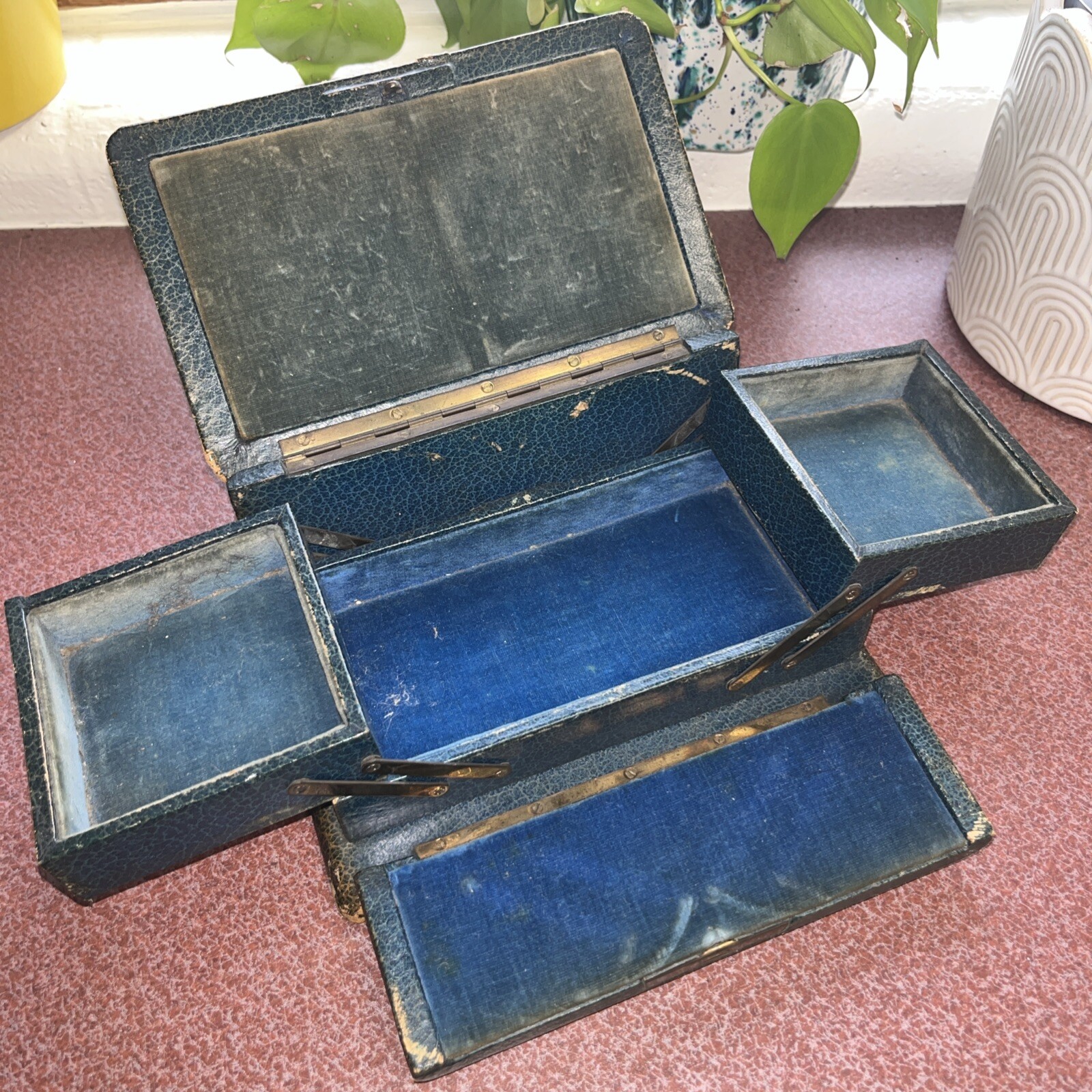 Antique Victorian leather green Blue Velvet Lined Jewelry Box Antique Victorian leather green Blue Velvet Lined Jewelry Box