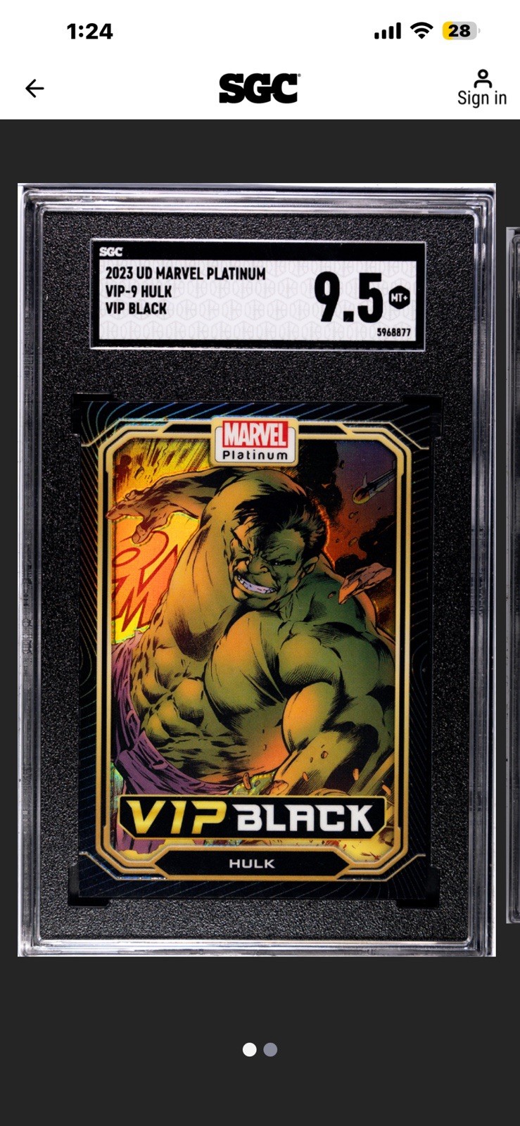 2023 UD MARVEL PLATINUM #VIP-9 HULK VIP BLACK Graded 🔥SGC 9.5🔥POP 1🔥