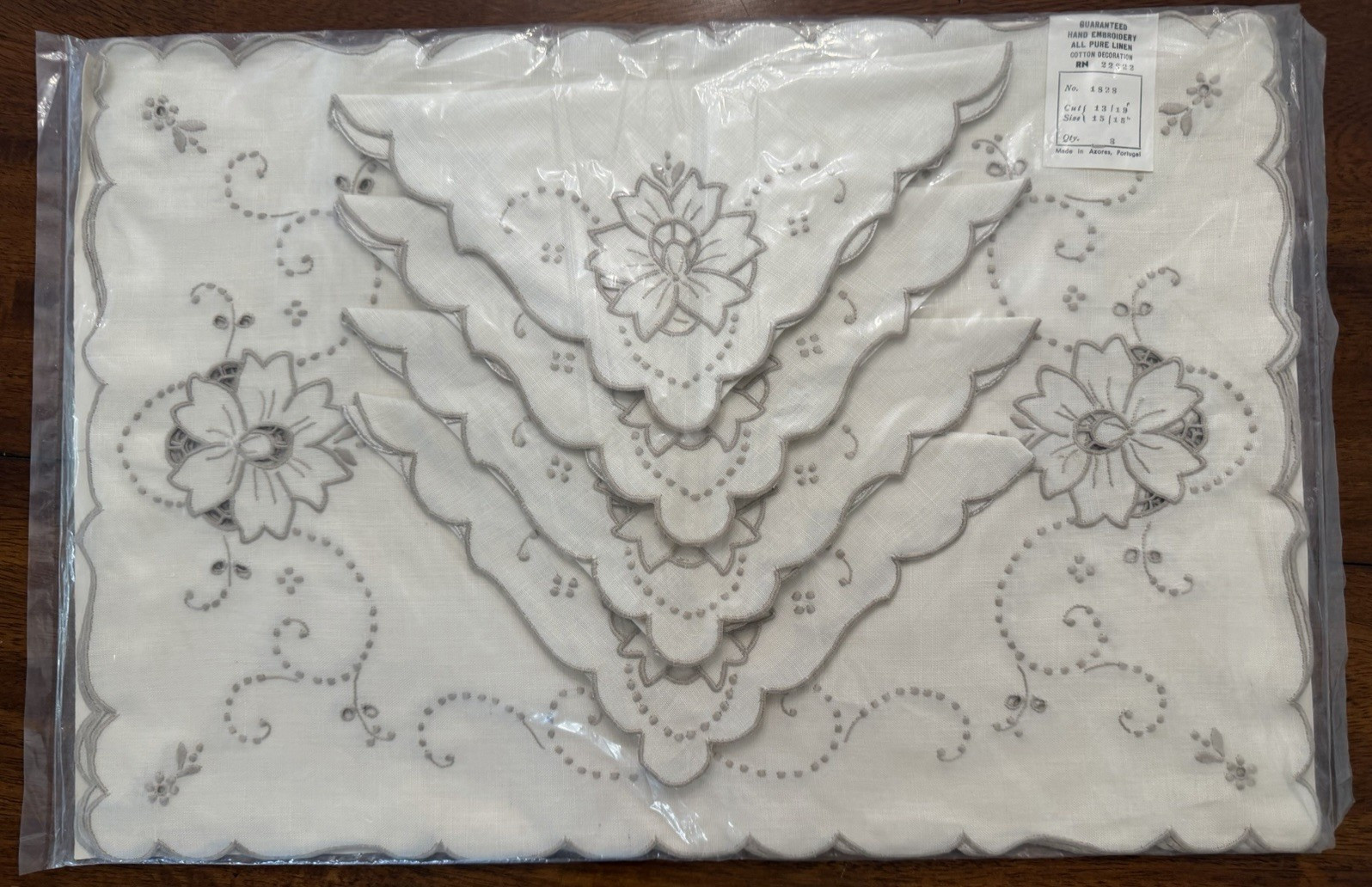 Madeira Style Linen Napkins Set of 8 White Gray Hand Embroidered Floral Madeira Style Linen Napkins Set of 8 White Gray Hand Embroidered Floral