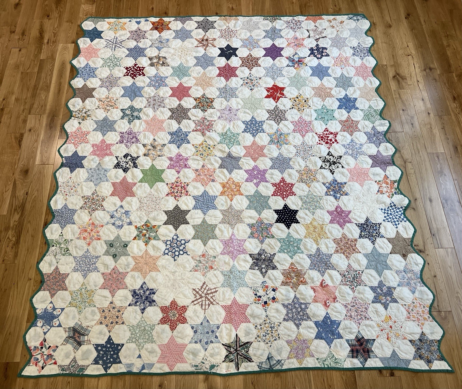 Vintage 40's Hand Made Touching Stars Quilt, Gorgeous Fabrics, By Gladys Lowe Vintage 40's Hand Made Touching Stars Quilt, Gorgeous Fabrics, By Gladys Lowe