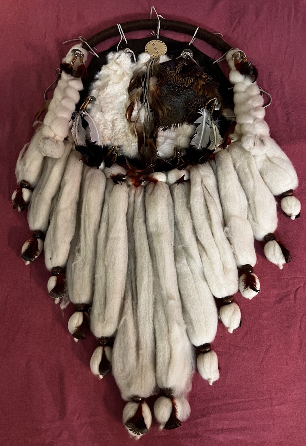 Vintage INDIAN HANDMADE MAN-DEL-LA, 24" Dia. natural sheep's wool, fur, feathers Vintage INDIAN HANDMADE MAN-DEL-LA, 24" Dia. natural sheep's wool, fur, feathers