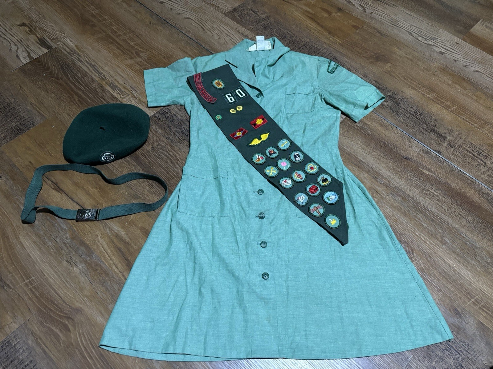 1960’s Girl Scout of America Uniform Dress Sash Patches Belt wool beret 1960’s Girl Scout of America Uniform Dress Sash Patches Belt wool beret