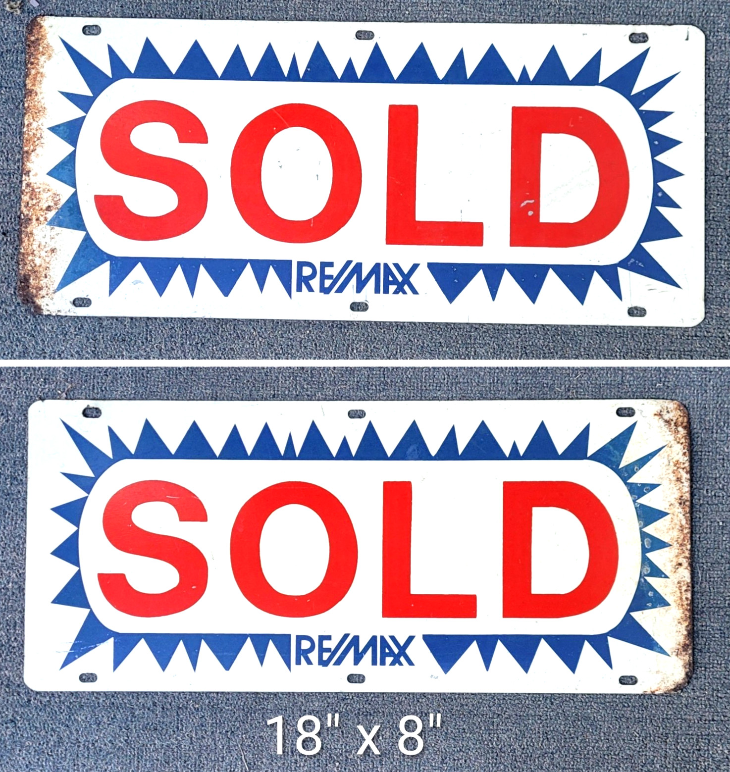 Vintage RE/MAX Metal Real Estate SOLD Sign Double Sided Rider 18" x 8" Vintage RE/MAX Metal Real Estate SOLD Sign Double Sided Rider 18" x 8"