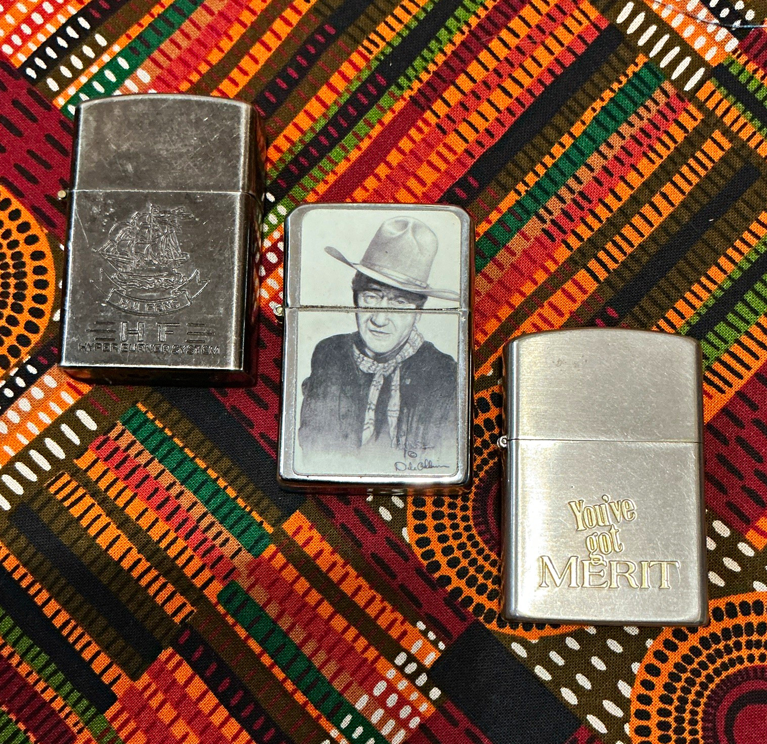3 Vintage Flip Top Lighters - John Wayne (Dale Adkins), Merit Promo, HF Ship 3 Vintage Flip Top Lighters - John Wayne (Dale Adkins), Merit Promo, HF Ship