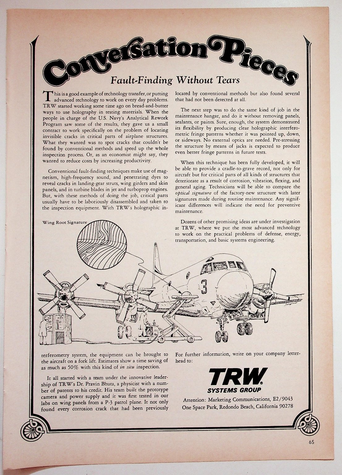 TRW Systems Group 1974 Original Print Advertisement 8x11 Aircraft Tech