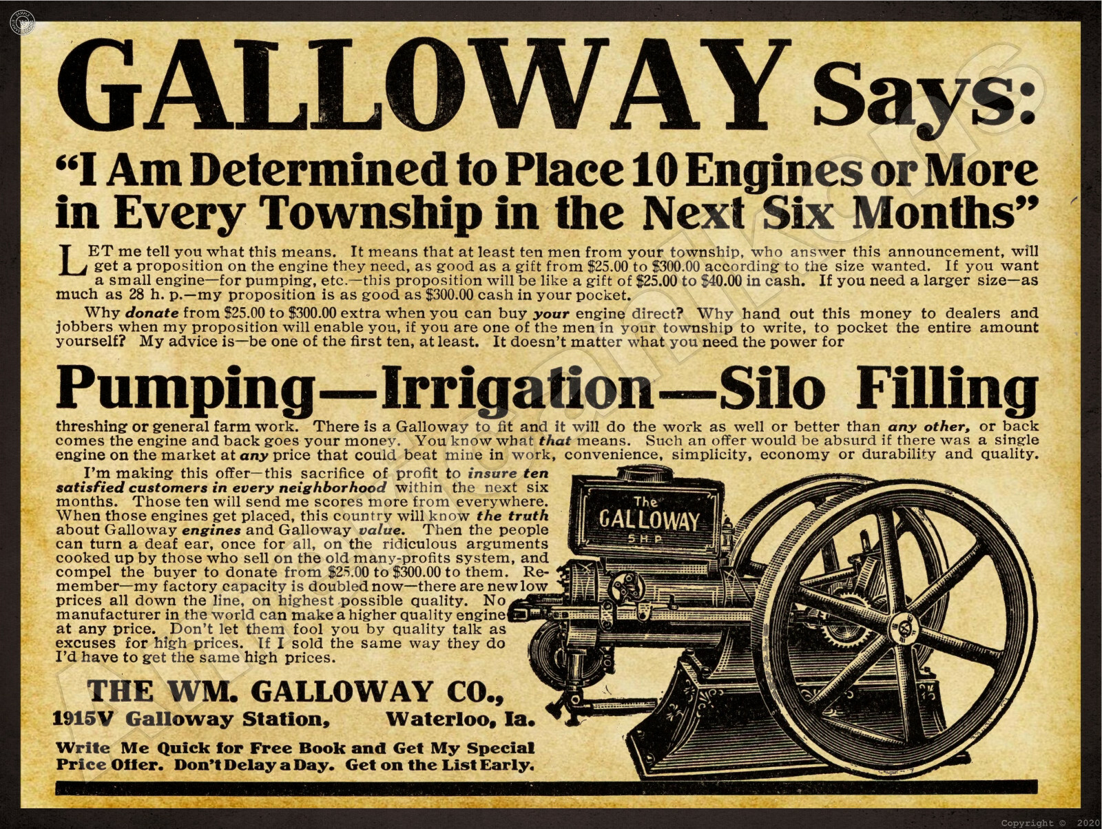 1912 Galloway Gas Engines New Metal Sign: Wm. Galloway Co. - Waterloo, Iowa