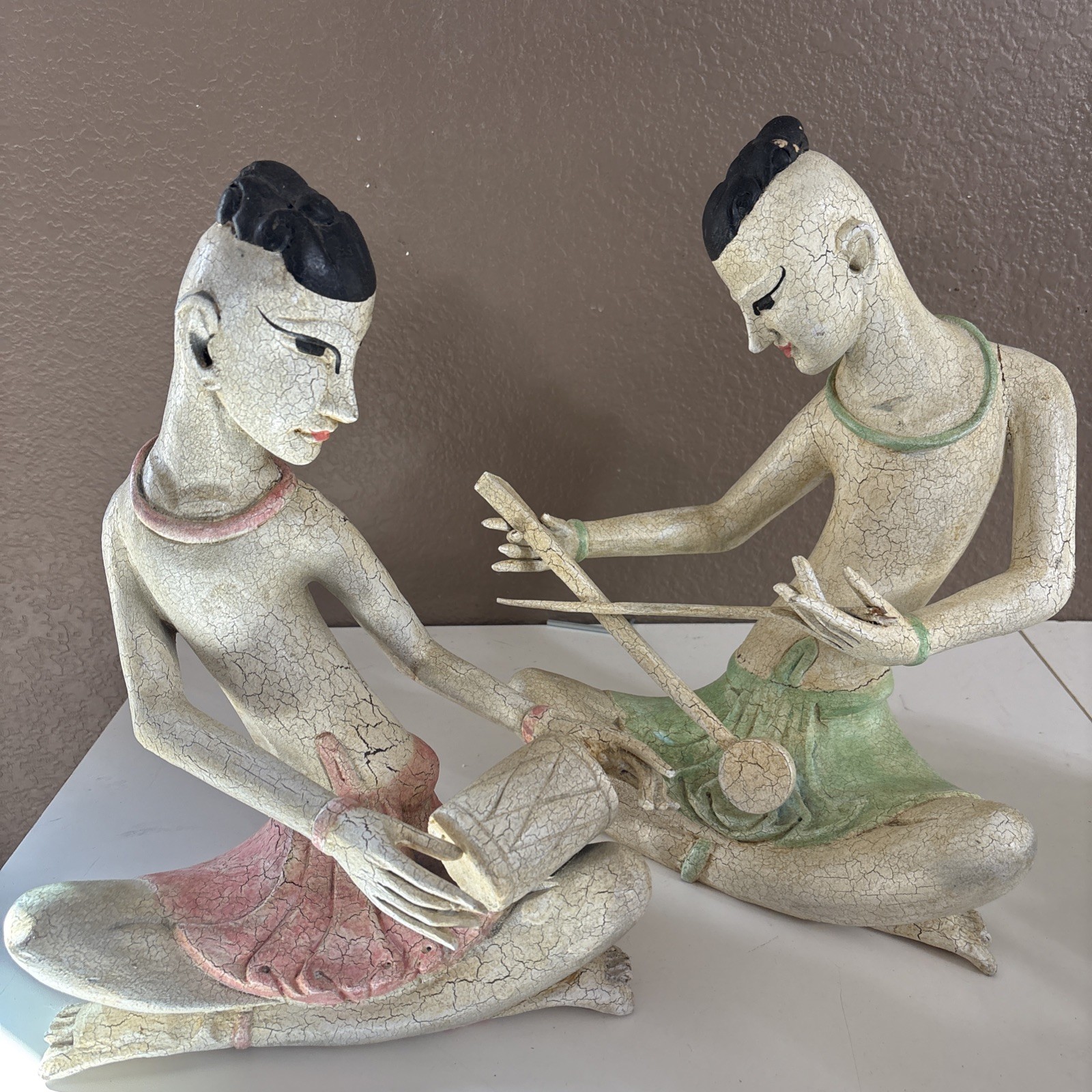 Pair VTG Burmese wood carving Hand Painted Music Figurines With Crackle Finish Pair VTG Burmese wood carving Hand Painted Music Figurines With Crackle Finish