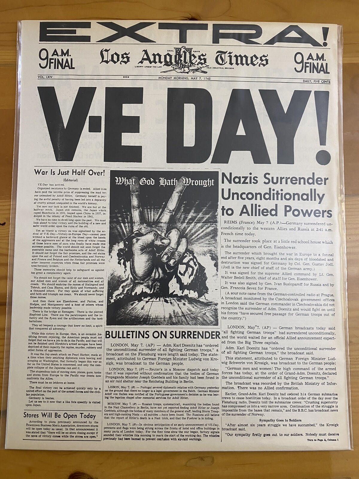 VINTAGE NEWSPAPER HEADLINE~WORLD WAR 2 GERMANY SURRENDERS V-E DAY WWII 1945 VINTAGE NEWSPAPER HEADLINE~WORLD WAR 2 GERMANY SURRENDERS V-E DAY WWII 1945