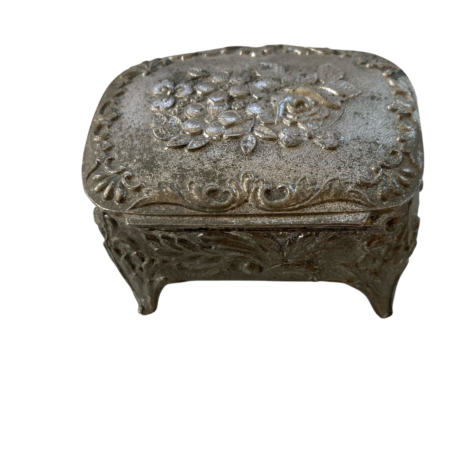 Antique Victorian Art Nouveau Spelter Metal Ring Casket Jewelry Box Trinket Antique Victorian Art Nouveau Spelter Metal Ring Casket Jewelry Box Trinket