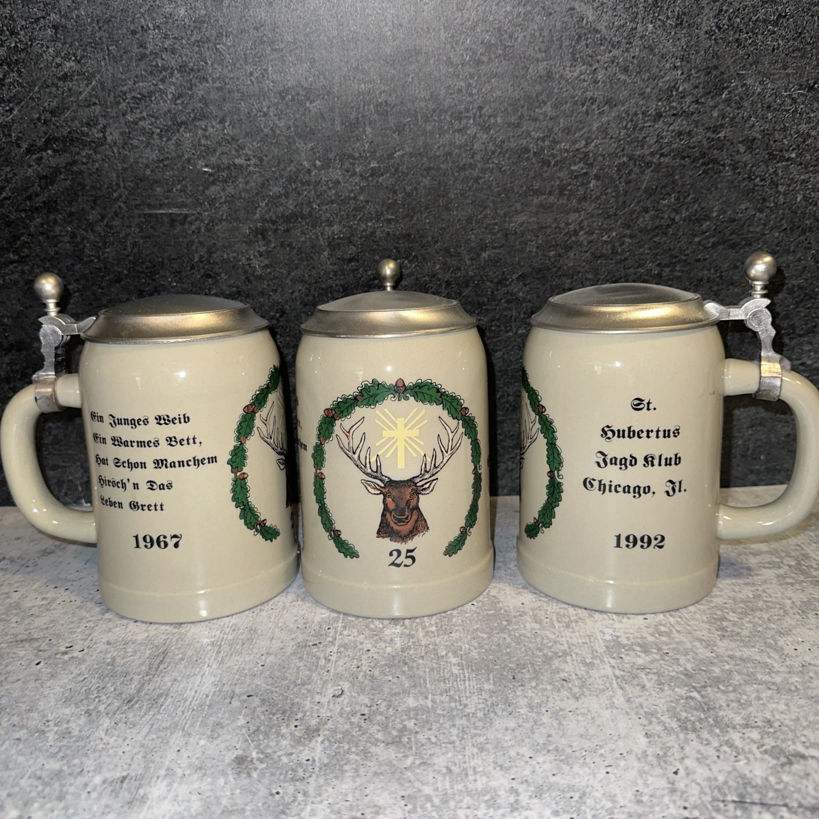 3 Vintage 1992 St Hubertus Jagd Klub Chicago Beer Stein 25th Anniversary Lidded 3 Vintage 1992 St Hubertus Jagd Klub Chicago Beer Stein 25th Anniversary Lidded