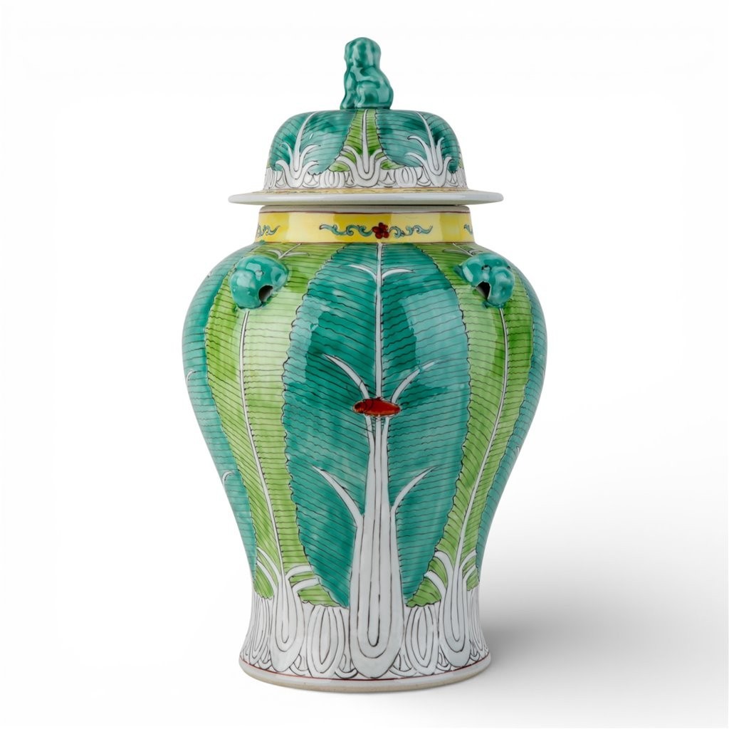 CHINESE ORIENTAL PORCELAIN polychrome BOK CHOY lidded jar 14.5" new CHINESE ORIENTAL PORCELAIN polychrome BOK CHOY lidded jar 14.5" new