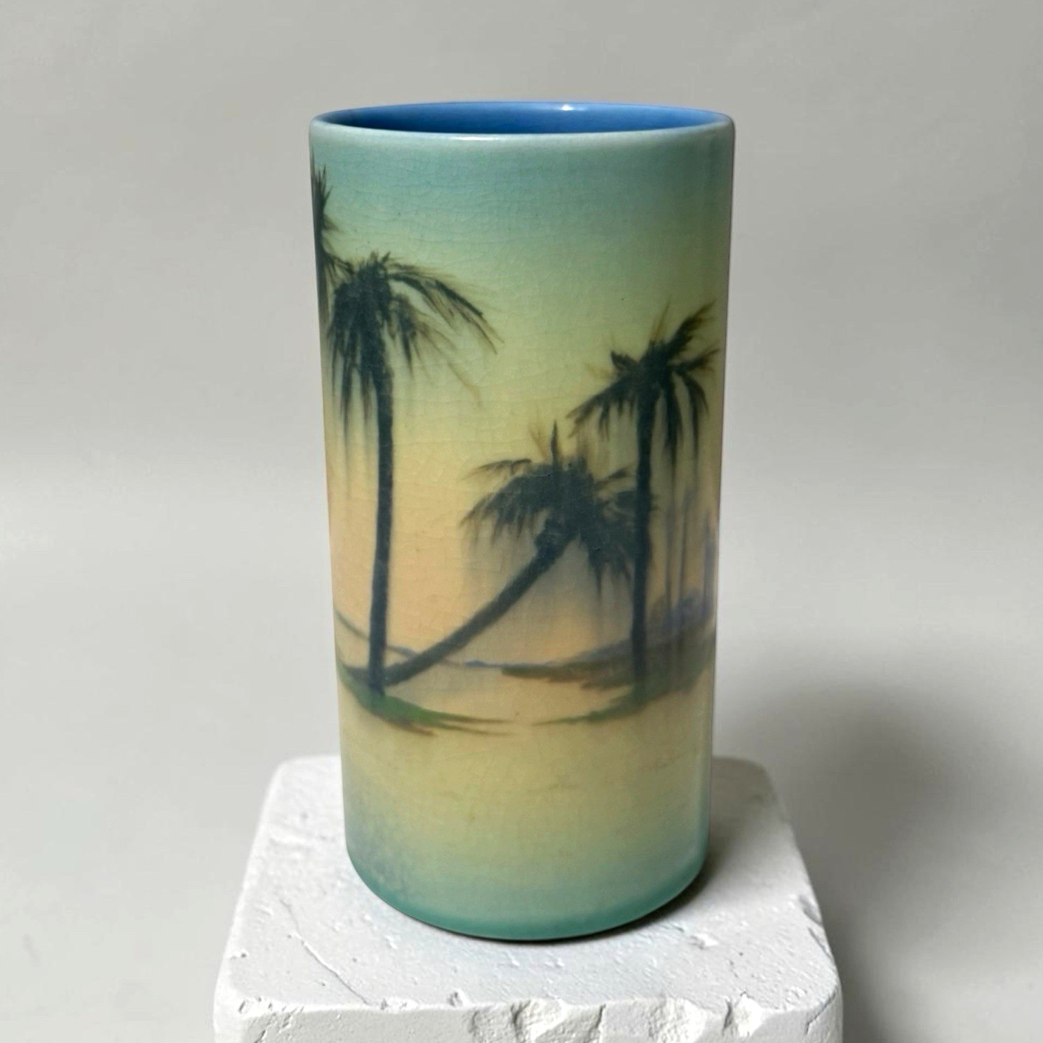 RARE Palm Trees 1917 Rookwood Vellum Landscape Vase Elizabeth McDermott 6.25” RARE Palm Trees 1917 Rookwood Vellum Landscape Vase Elizabeth McDermott 6.25”