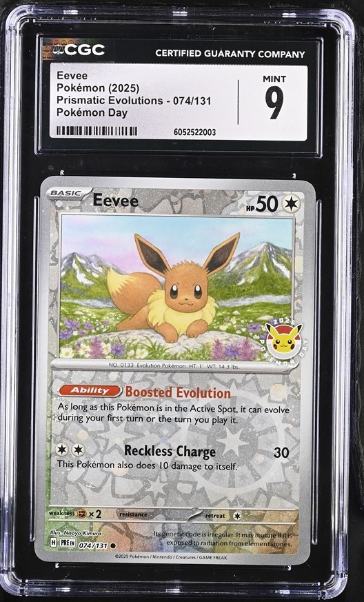 CGC 9 Eevee Pokémon (2025) Prismatic Evolutions - 074/131 Pokémon Day CGC 9 Eevee Pokémon (2025) Prismatic Evolutions - 074/131 Pokémon Day