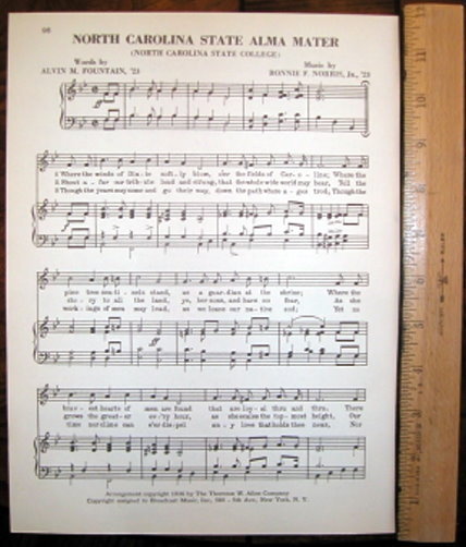 N.C. STATE Alma Mater ~~~~ NORTH CAROLINA NC STATE Vintage Song Sheet c1953 N.C. STATE Alma Mater ~~~~ NORTH CAROLINA NC STATE Vintage Song Sheet c1953