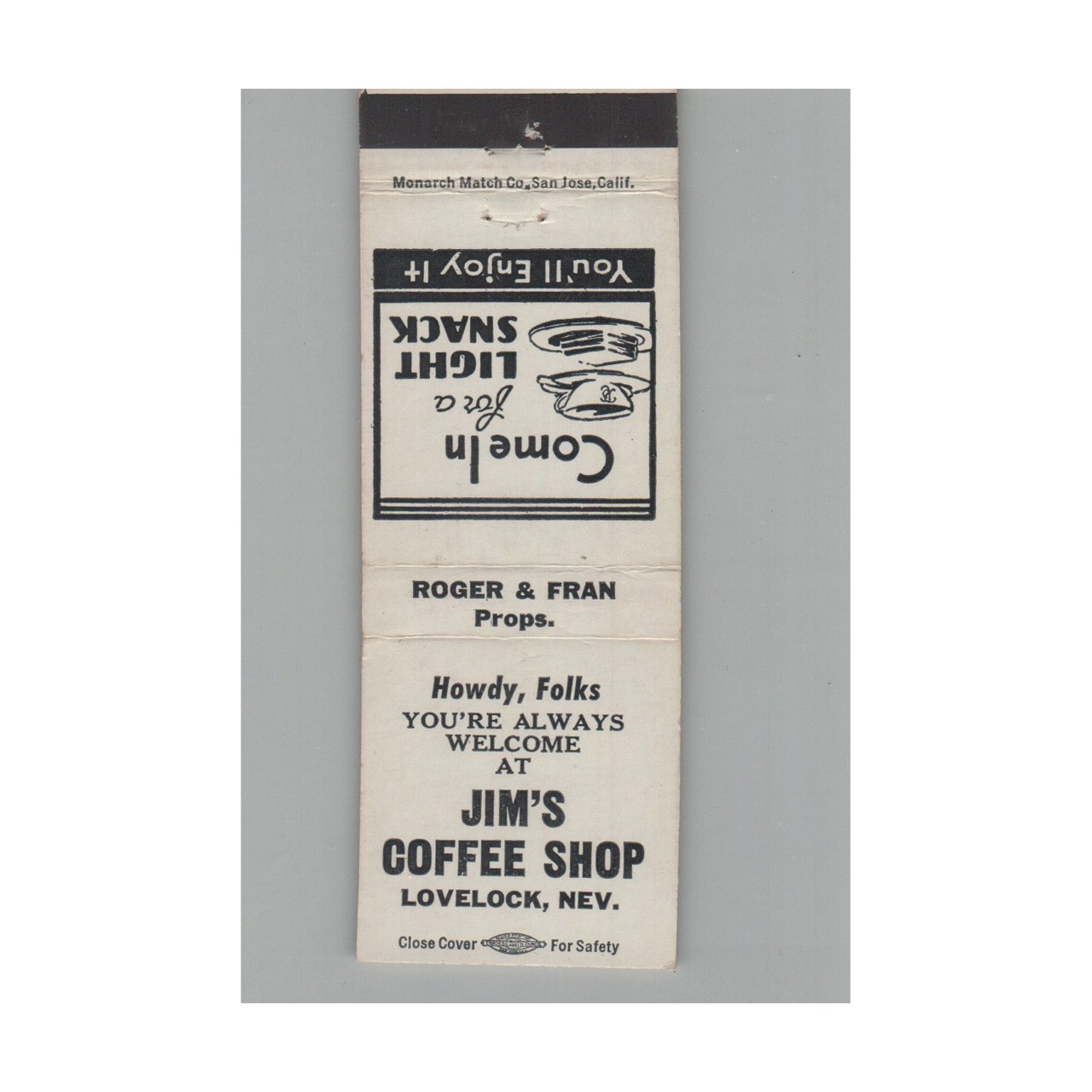 Matchbook Cover Jim's Coffee Shop Lovelock NV