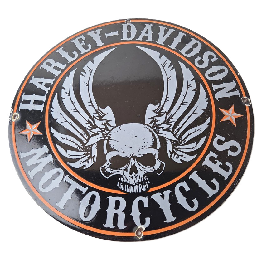 Vintage Harley Davidson Motorcycle Sign - Skull & Wings Gas Pump Porcelain Sign Vintage Harley Davidson Motorcycle Sign - Skull & Wings Gas Pump Porcelain Sign