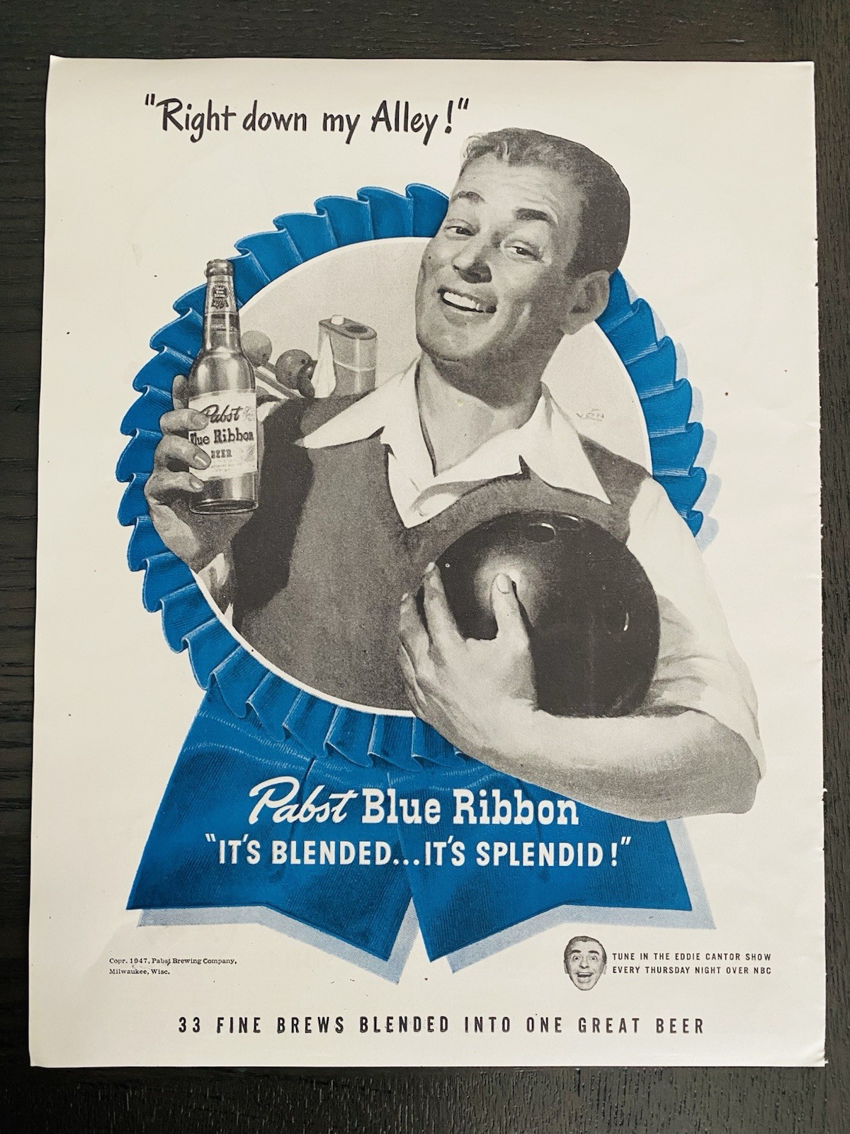 1947 Pabst Blue Ribbon Vintage Print Ad PBR Right Down My Alley Bowling Ad