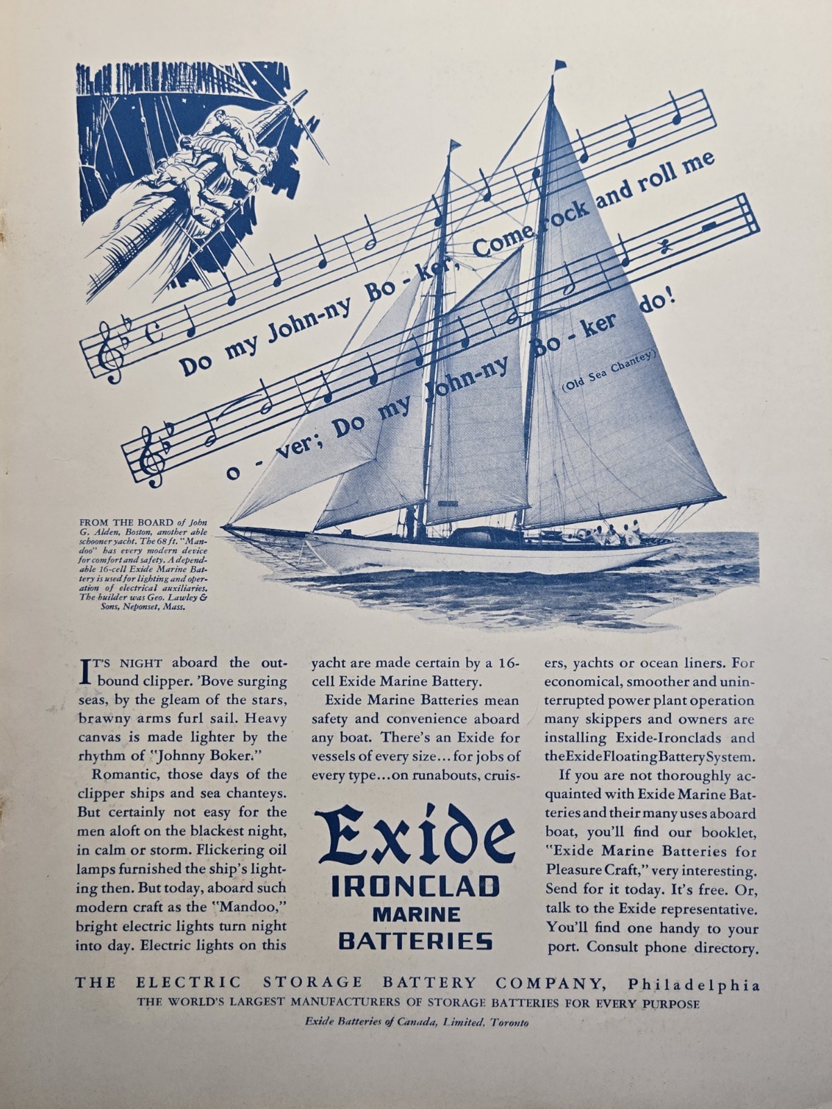 Exide Ironclad Marine Batteries Print Ad 1932 - Old Sea Chantey Alden Schooner Exide Ironclad Marine Batteries Print Ad 1932 - Old Sea Chantey Alden Schooner