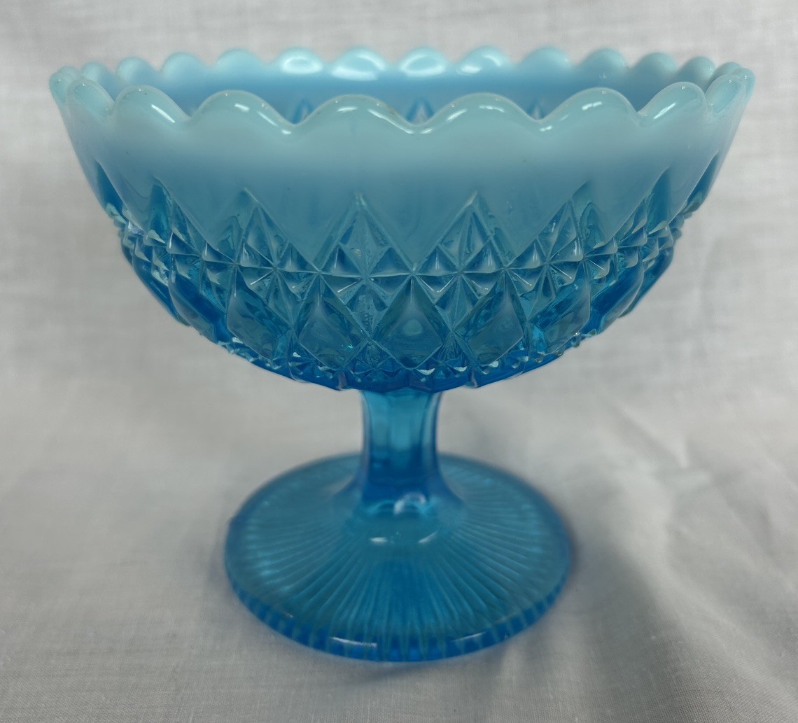 Antique Victorian Davidson Blue Pearline Glass Prince William Pedestal Bowl Antique Victorian Davidson Blue Pearline Glass Prince William Pedestal Bowl