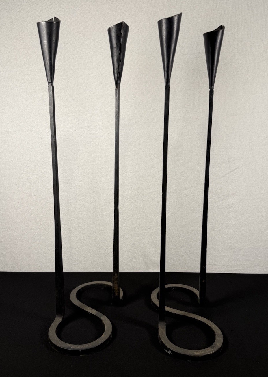 Pair Of VTG Gregory Litsios 21” Modernist Wrought Iron Double Candle Holders Pair Of VTG Gregory Litsios 21” Modernist Wrought Iron Double Candle Holders