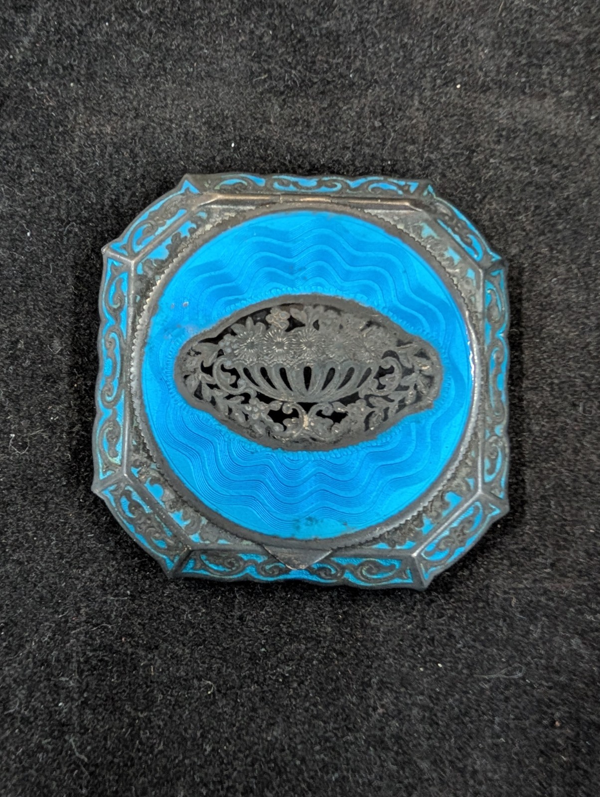 Antique Art Deco .935 Sterling & Blue Guilloche Enamel Powder Compact Sifter