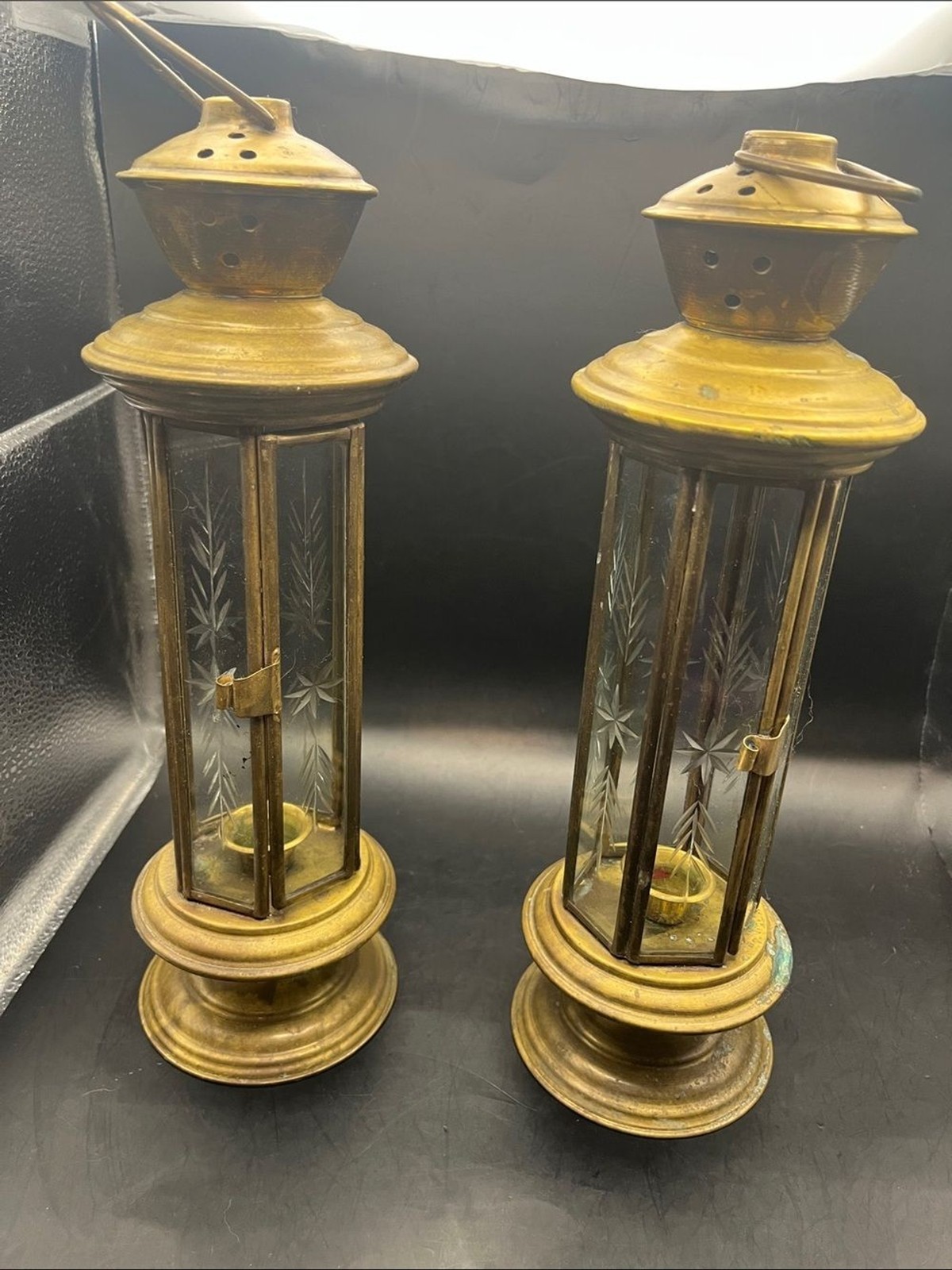 Pair Vintage Brass Candle Lanterns with Etched Glass Panels 6-Sided Carriage Pair Vintage Brass Candle Lanterns with Etched Glass Panels 6-Sided Carriage
