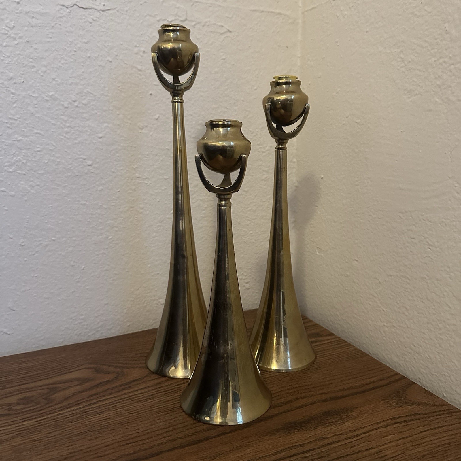 3 Vtg Mid-Century Solid Brass Candlesticks Candle Holders Graduated MCM India