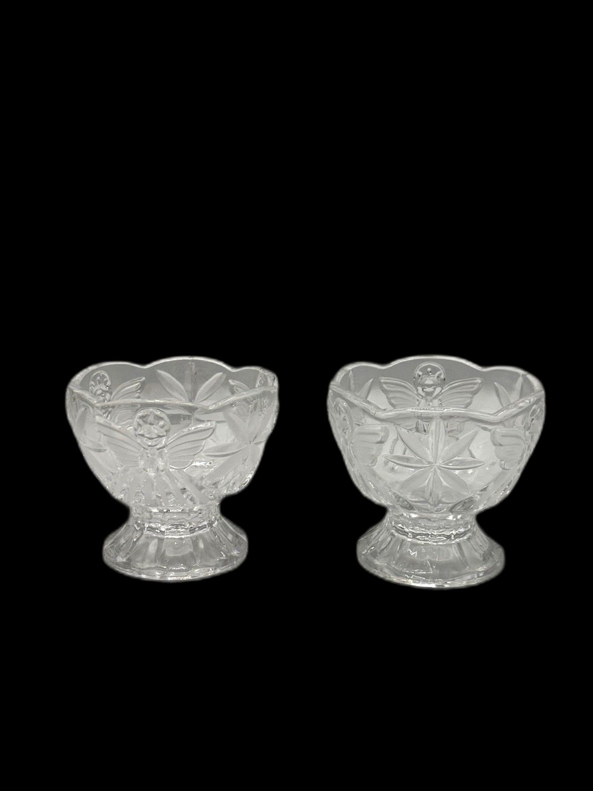 Vintage Pair Angel Of Peace Footed Crystal Etched Frosted Candy, Trinket, Candle