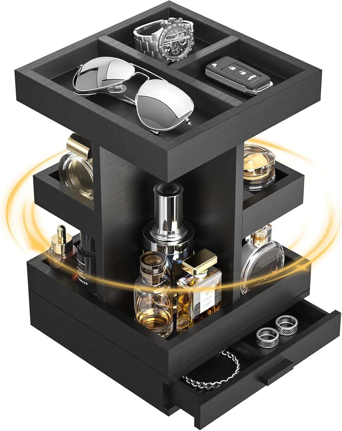 Rotating Cologne Organizer for Men, 3 Tier Wooden Stand with Drawer | 360 Rotating Cologne Organizer for Men, 3 Tier Wooden Stand with Drawer | 360