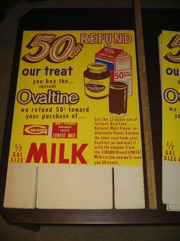 OVALTINE 1960s MILK OFFER 50 cent carton grocery store display sign GIBSON brand