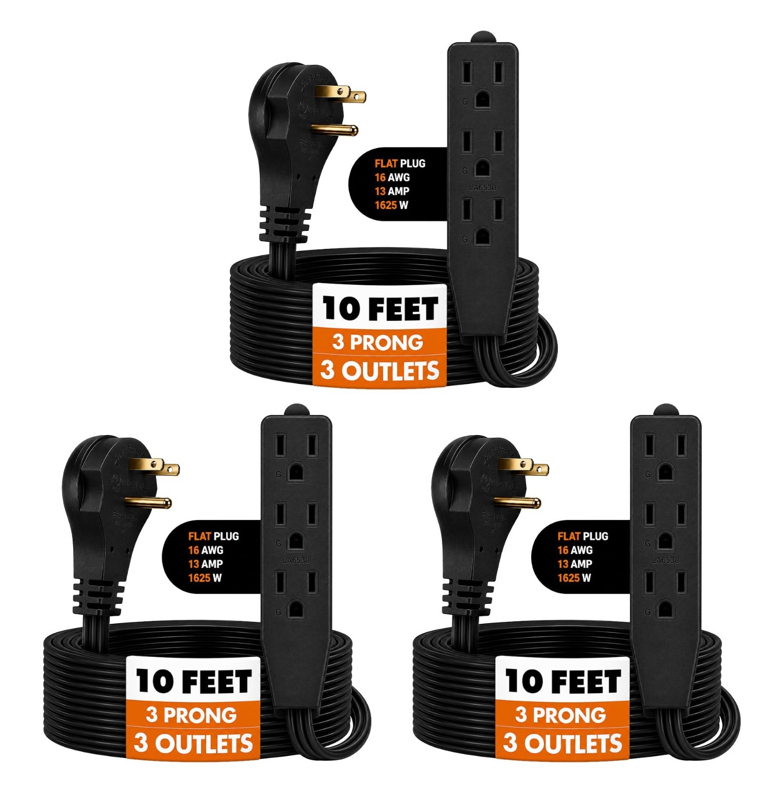 Flat Plug Extension Cord 10 FT Black – 3 Outlet 3 Prong Grounded Indoor Extensio