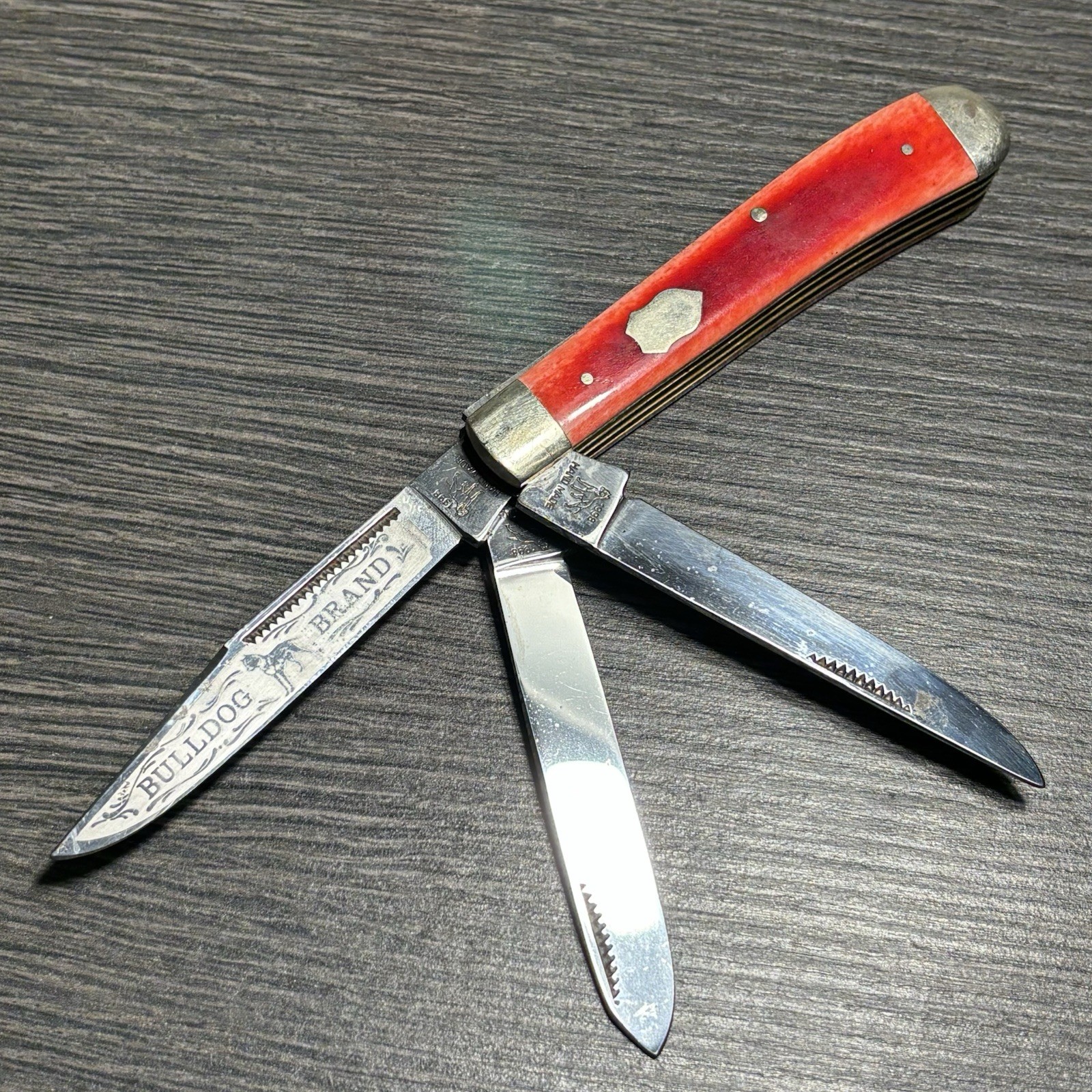 Bulldog Brand Folding Knife 3 Blade Solingen Germany 1995 Hand Forged Red Handle