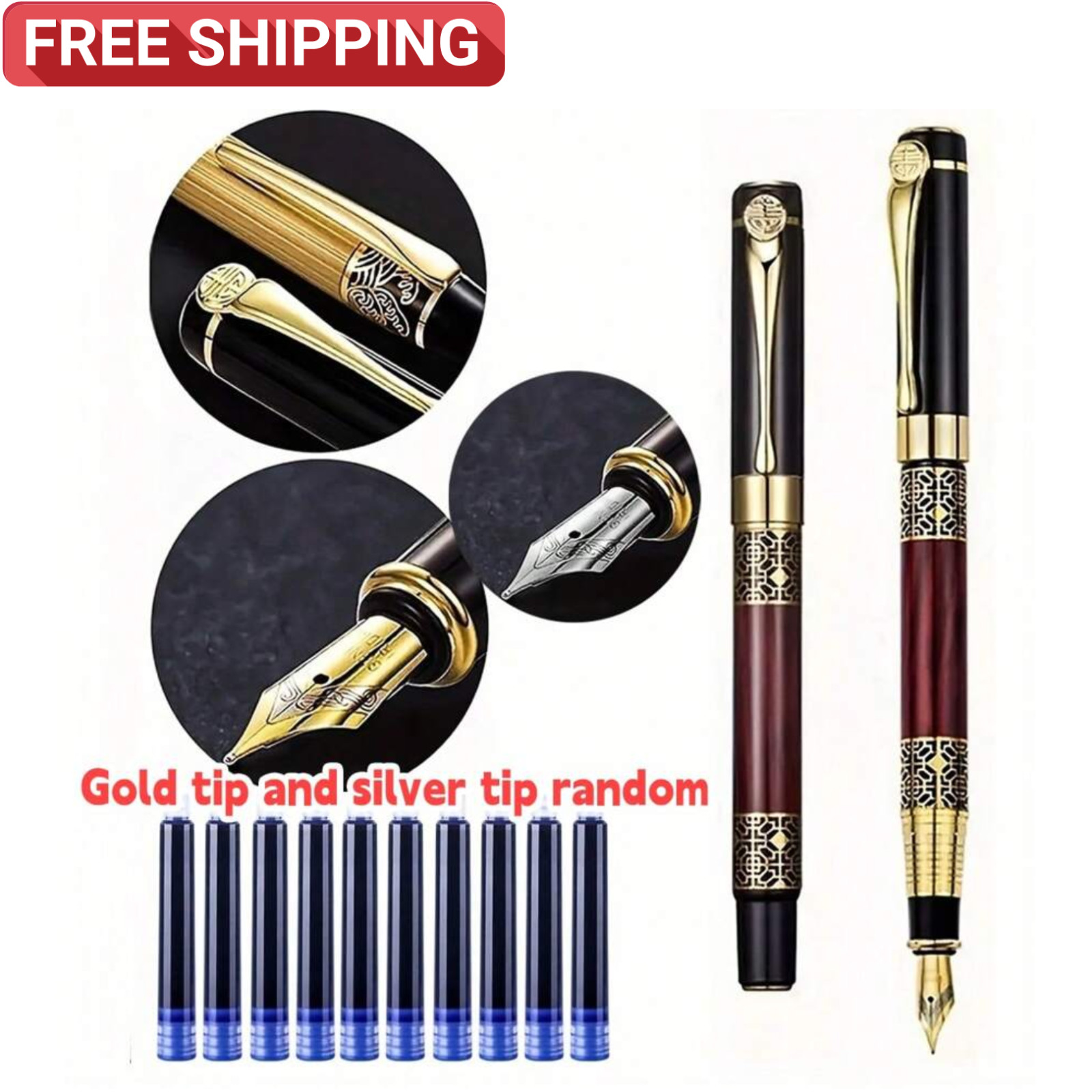 Fine Nib Metal Fountain Pen With 10pc Refillable Ink Cartridges Calligraphy Pen Fine Nib Metal Fountain Pen With 10pc Refillable Ink Cartridges Calligraphy Pen