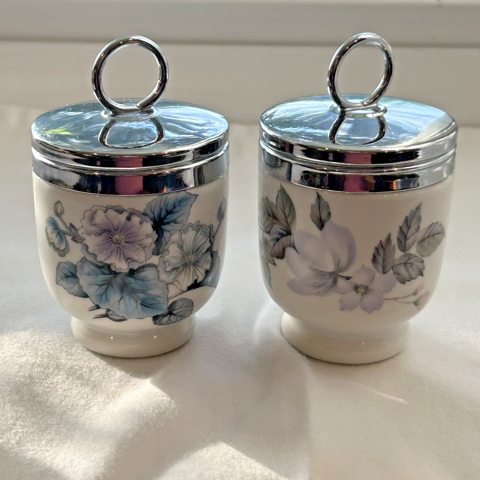 VTG Set Of 2 Royal Worcester Floral Egg Coddlers "June Garland?" Purple Blue VTG Set Of 2 Royal Worcester Floral Egg Coddlers "June Garland?" Purple Blue
